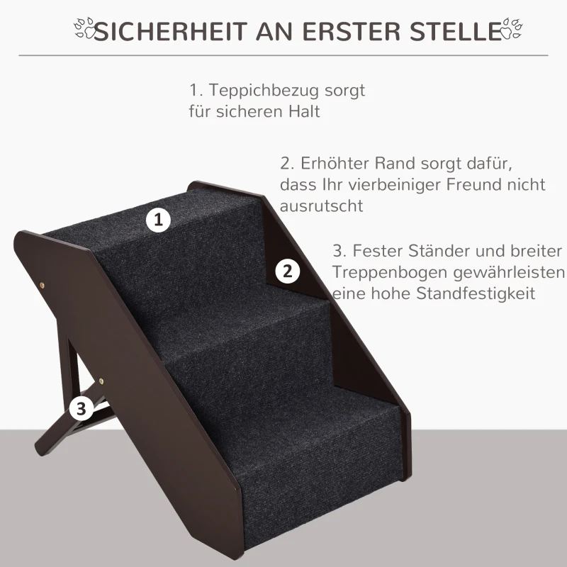 PawHut Haustiertreppe Katzentreppe Hundetreppe mit 3 Stufen für Katzen und Hunde klappbar Holz+MDF 40,8 x 56,5 x (42,5-51,5) cm