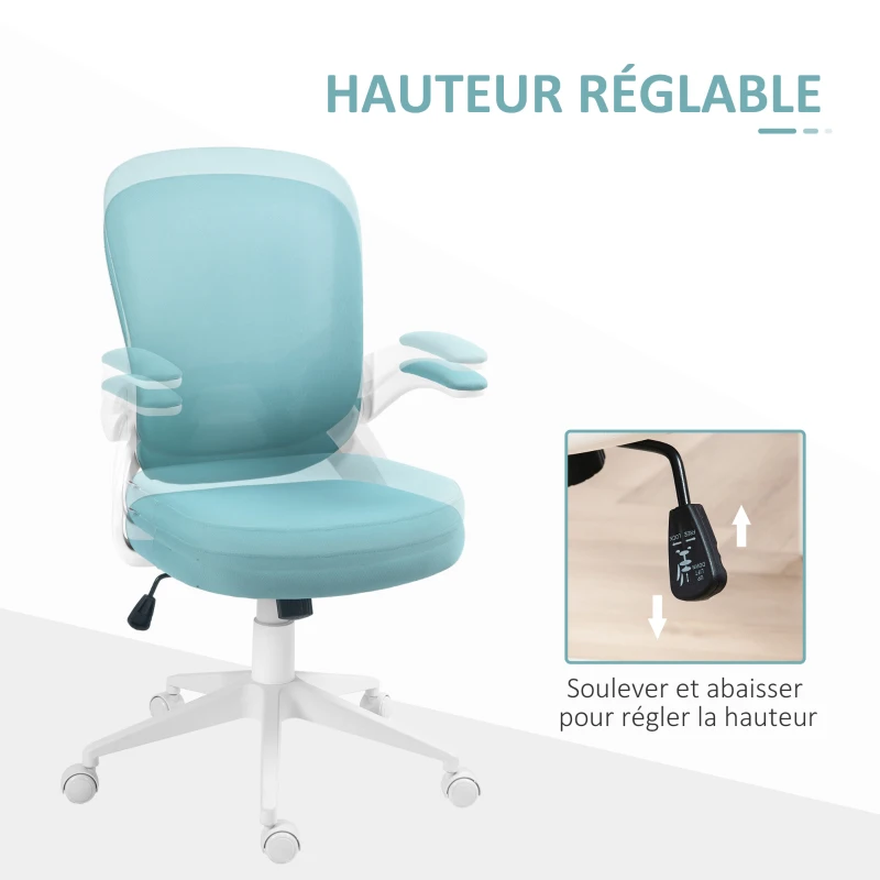 HOMCOM Fauteuil de bureau hauteur réglable pivotant 360° accoudoirs relevables dossier en maille et assise tissu bleu