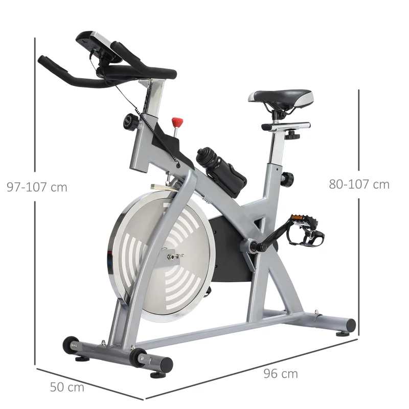 HOMCOM Bicicleta Estática Volante de Inercia de 13 kg Ciclo Indoor con Sillín Ajustable Resistencia Manillar Regulables Pantalla LCD con Pulsómetro 96x50x107 cm Acero Plata