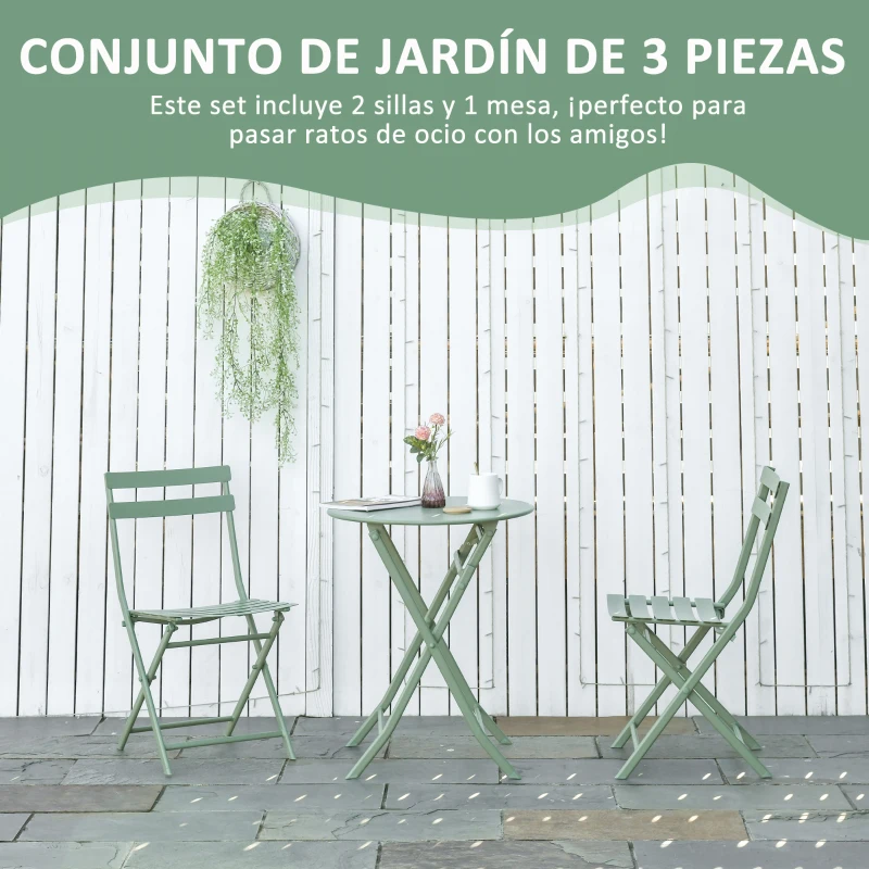 Outsunny Conjunto de Muebles de Jardín Plegable Juego de 1 Mesa y 2 Sillas de Terraza con Marco de Acero y Respaldo Verde Oscuro