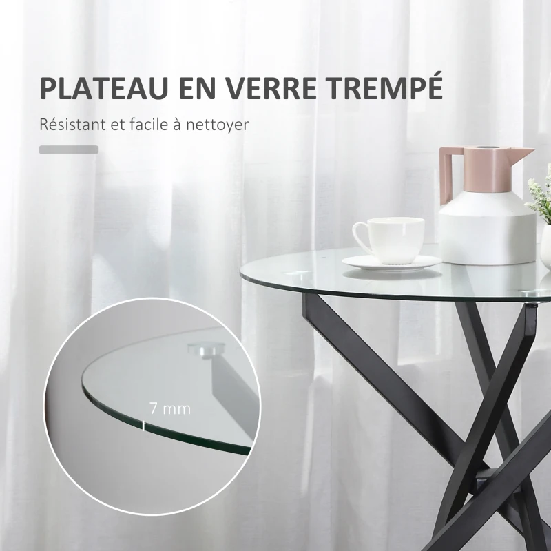 HOMCOM Table ronde de salle à manger table ronde de cuisine en verre design contemporain - Ø 80 x 75H cm - piètement métal noir arqué - plateau verre trempé 7 mm