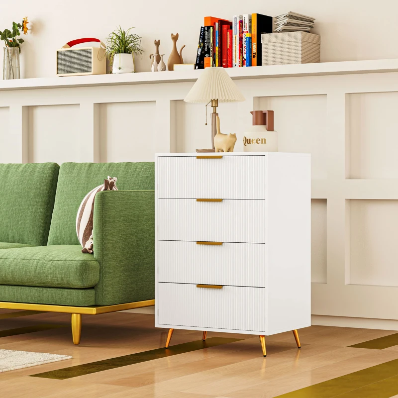 HOMCOM Cómoda de Dormitorio Moderno con 4 Cajones Frentes con Diseño Ondulado Anti-vuelco 60x40x90 cm Blanco(m-8)