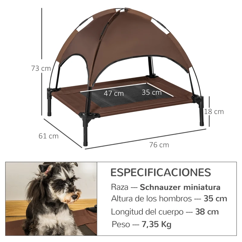 PawHut Cama Elevada para Mascotas con Toldo Extraíble Tela Transpirable para Interior y Exterior 76x61x73 cm  Marrón