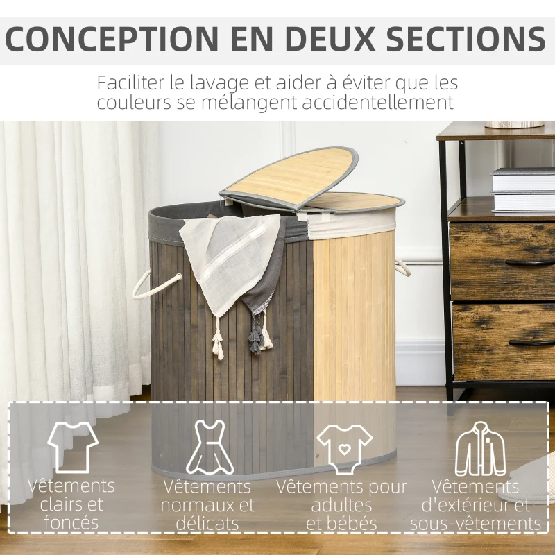 HOMCOM Panier à linge en bambou 100L avec 2 sections couvercle et sac amovible 62,5 x 37 x 60,5 cm - gris