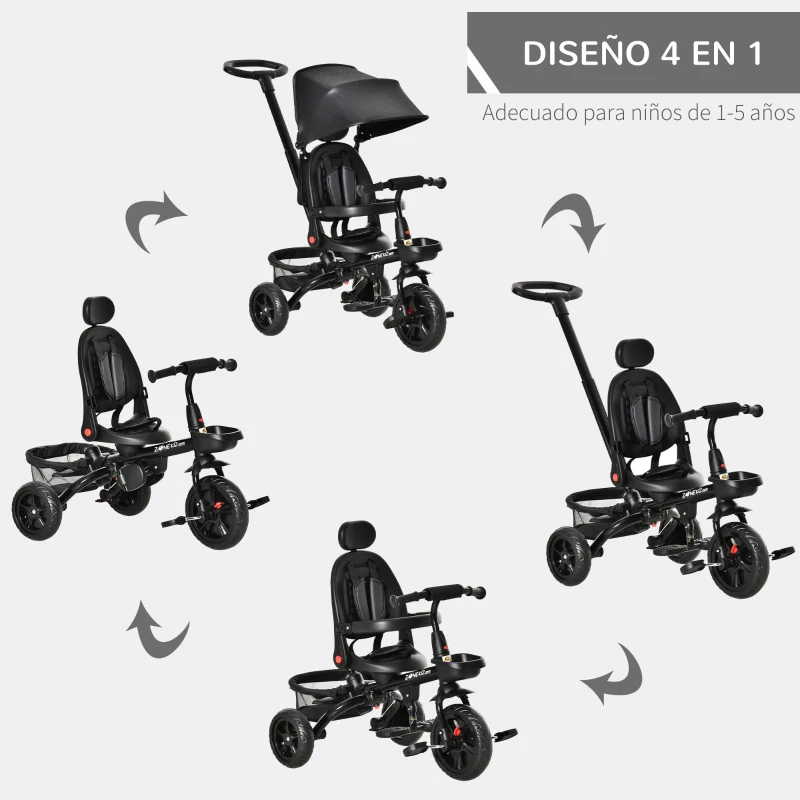 HOMCOM Triciclo Bebé 4 en 1 Bicicleta para Niños 1-5 Años con Asiento Giratorio Capota Ajustable Mango de Empuje Telescópico y Reposapiés Plegable Carga 25 kg 111,5x52x98 cm Negro