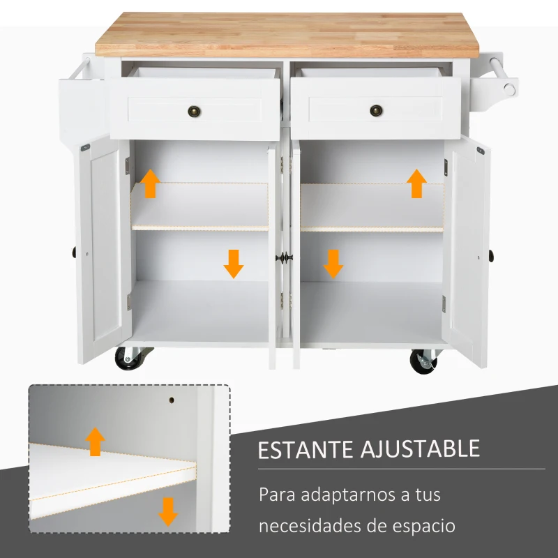 HOMCOM Isla de Cocina con Ruedas Mueble Auxiliar de Cocina con Especiero y Barra Lateral 111x44,5x82,5 cm Blanco