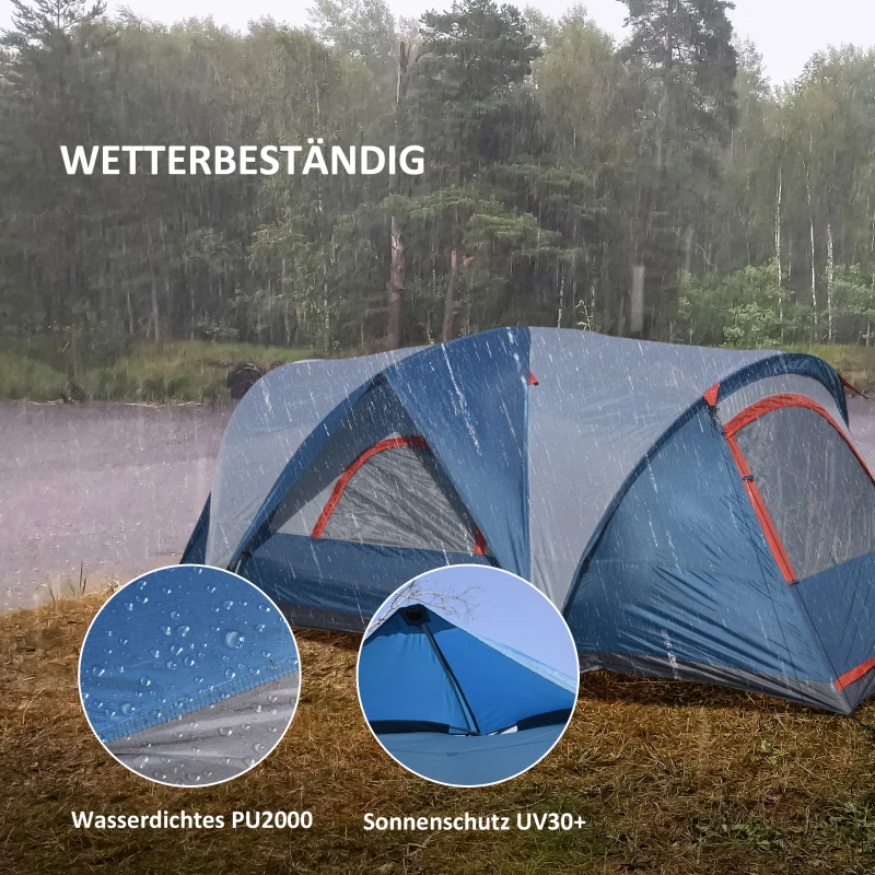 Outsunny Campingzelt für 3-4 Personen, zwei Türen, Netzfenster, blau, 4,75 x 2,64 x 1,50 m