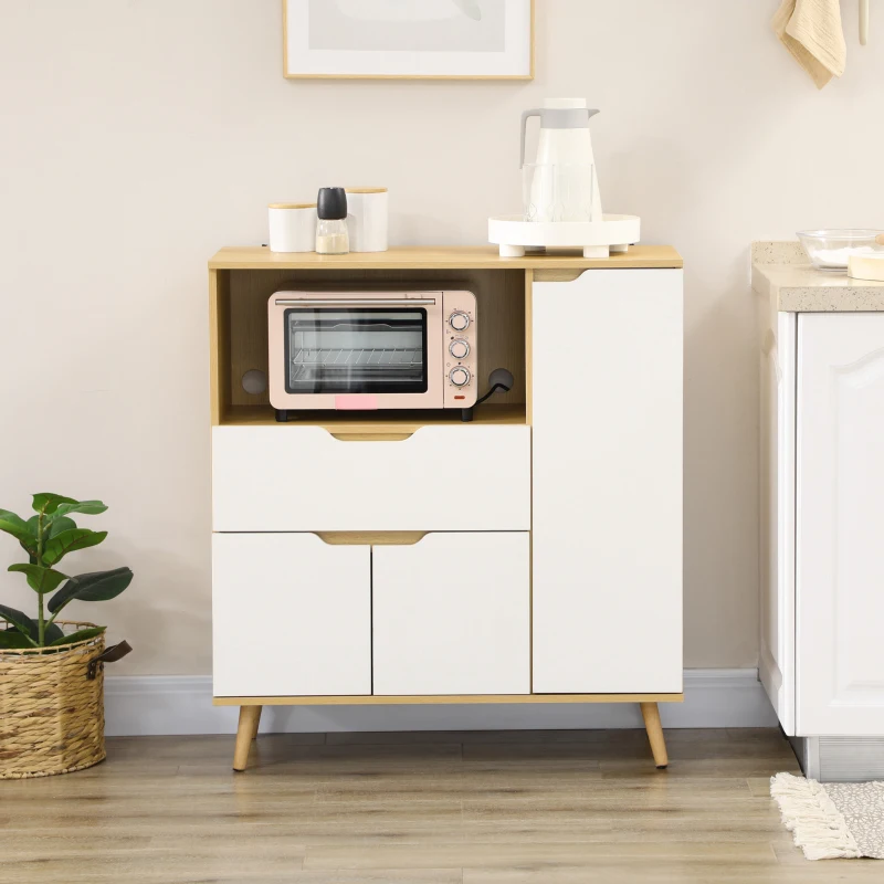 HOMCOM Mobiletto per Microonde con Ripiano Aperto, Armadietti e Cassetto, 90x40x98.5cm Bianco e Legno