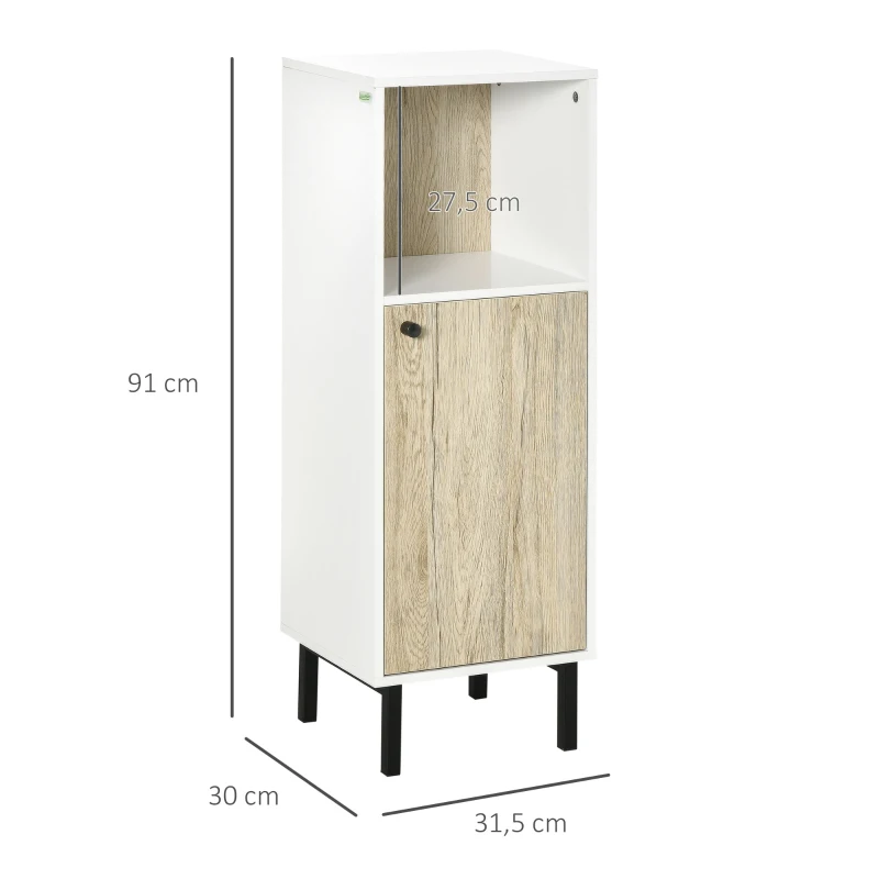 kleankin Armario Auxiliar de Baño con Armario y Estante Abierto para Lavabo Ducha Antivuelco 31,5x30x91cm Roble y Blanco