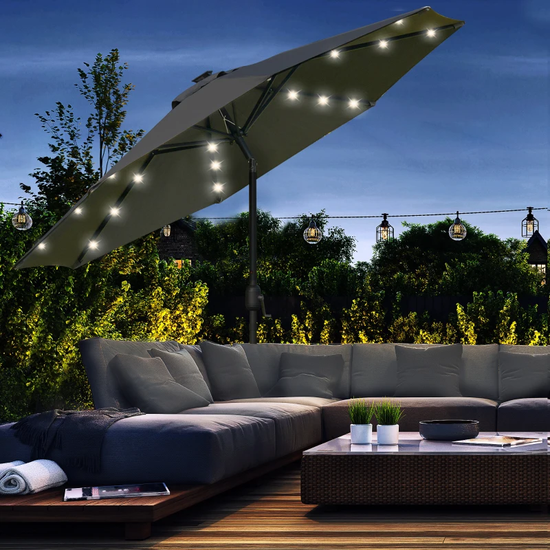 Outsunny Parasol de Terraza Ø268x238 cm con 24 Luces LED Solar Mecanismo de Inclinación Manivela y Poste Desmontable Gris