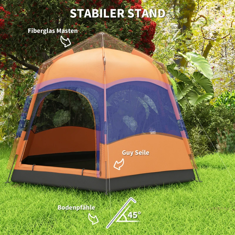 Outsunny Doppellagiges Instant-Pop-Up-Zelt mit Regenschutz, Outdoor Familienzelt für 4 Personen wasserdicht sechseckig 4 Jahreszeiten Kuppelzelt mit Bodenplane 2 Türen Moskitonetz Tragetasche Orange