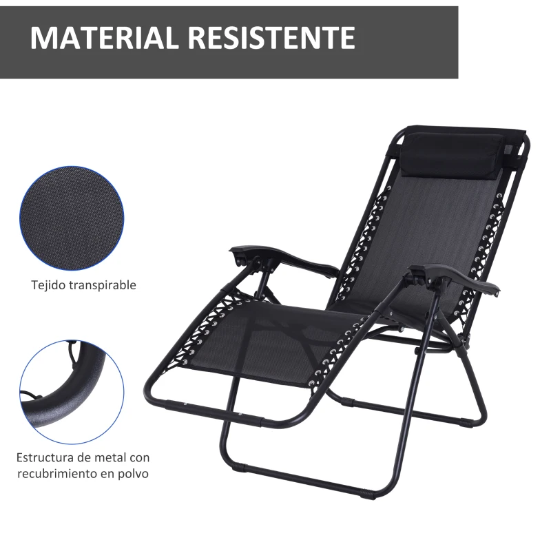 Outsunny Tumbona Plegable de Jardín Silla Gravedad Cero Sillón de Playa Relajante Texteline Marco Acero Carga 120kg 90x65x110 cm Negro