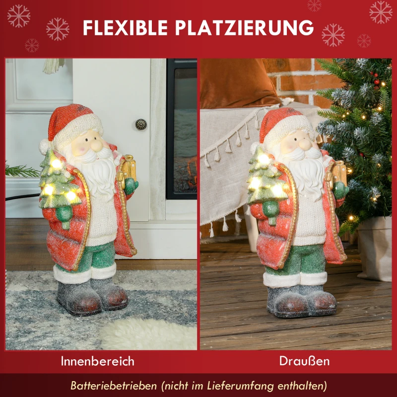 HOMCOM Weihnachtsmannfigur mit Baum und Geschenk, 3 warmweiße LEDs, batteriebetrieben, 50 cm
