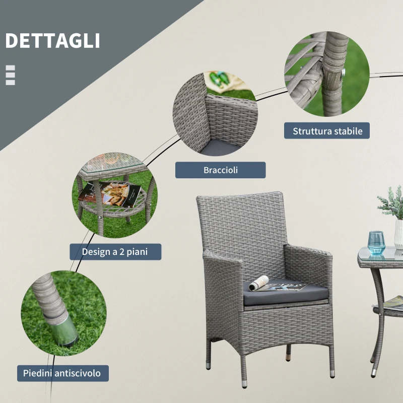Outsunny Set Giardino Esterno 3 Pezzi in Rattan PE e Acciaio, Set 2 Sedie con Cuscini Lavabili, Braccioli, Tavolino da Caffè con Piano in Vetro, Salotto da Giardino Balcone Patio Cortile, Grigio
