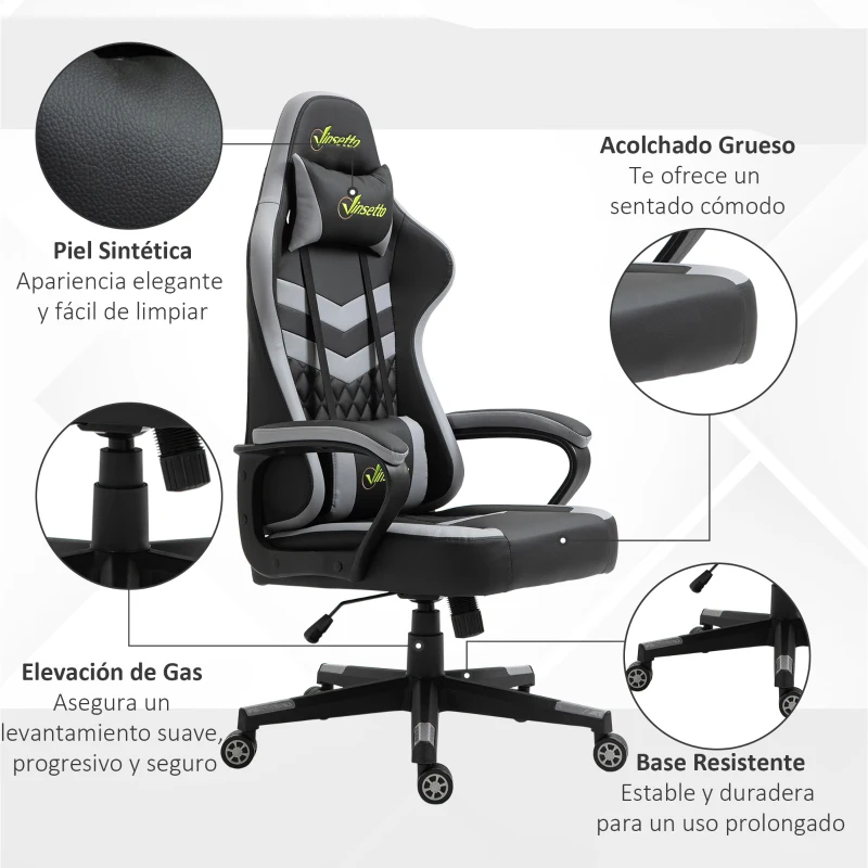 Vinsetto Silla Gamer Altura Regulable con Reposacabezas y Cojín Lumbar Carga 120 kg 61x70x121-129 cm Negro y Gris