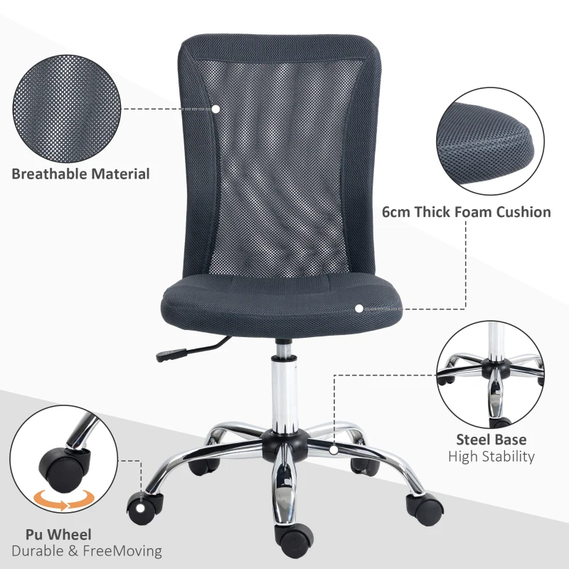 Vinsetto Computer Desk Chair, Mesh Office Chair with Adjustable Height and Swivel Wheels, Armless Study Chair, Dark Grey