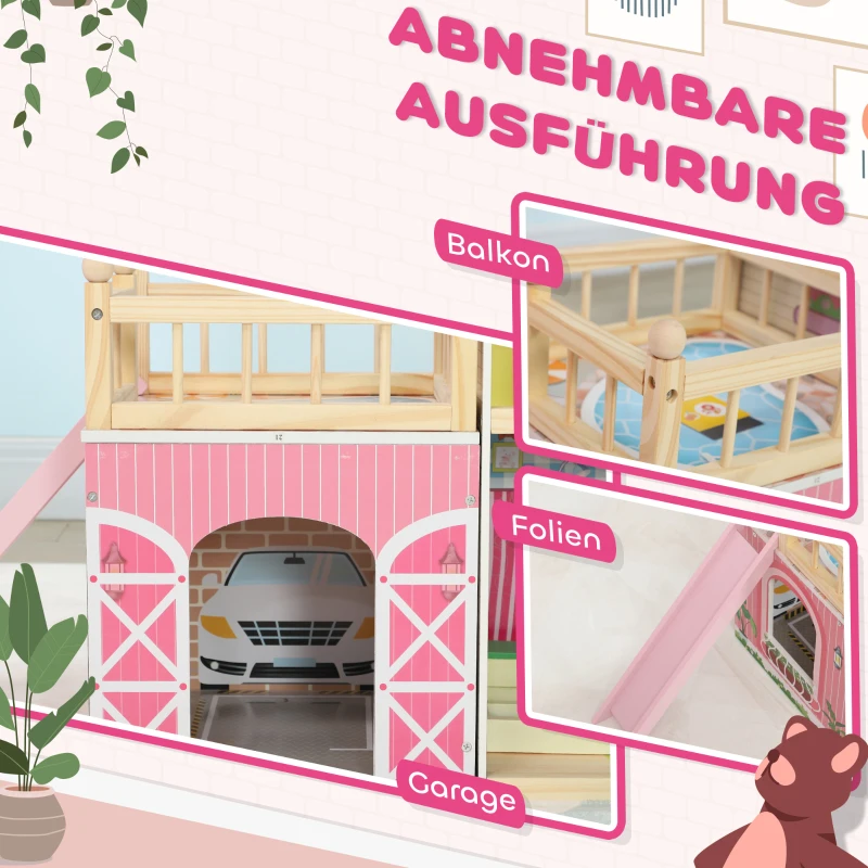 AIYAPLAY Puppenhaus, 3 Etagen, 13 Möbelstücke, Garage, Rutschen & Balkon, 114 x 32 x 92 cm, Rosa(m-4)