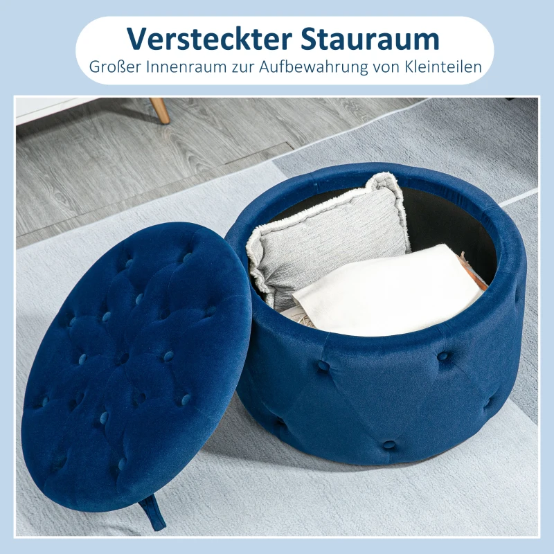 HOMCOM Hocker, rund, mit Staufach, Steppdesign mit Knöpfen, Bezug in Samtoptik, blau, 60 x 60 x 40cm