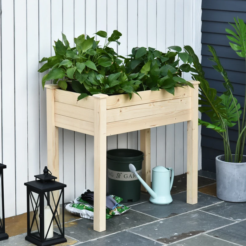Outsunny Hochbeet, Pflanzkasten, Blumenkasten, Blumentopf, Kräuterbeet mit Abflusslöchern, Vliesstofftuch, Massivholz Natur 86 x 46 x 76 cm