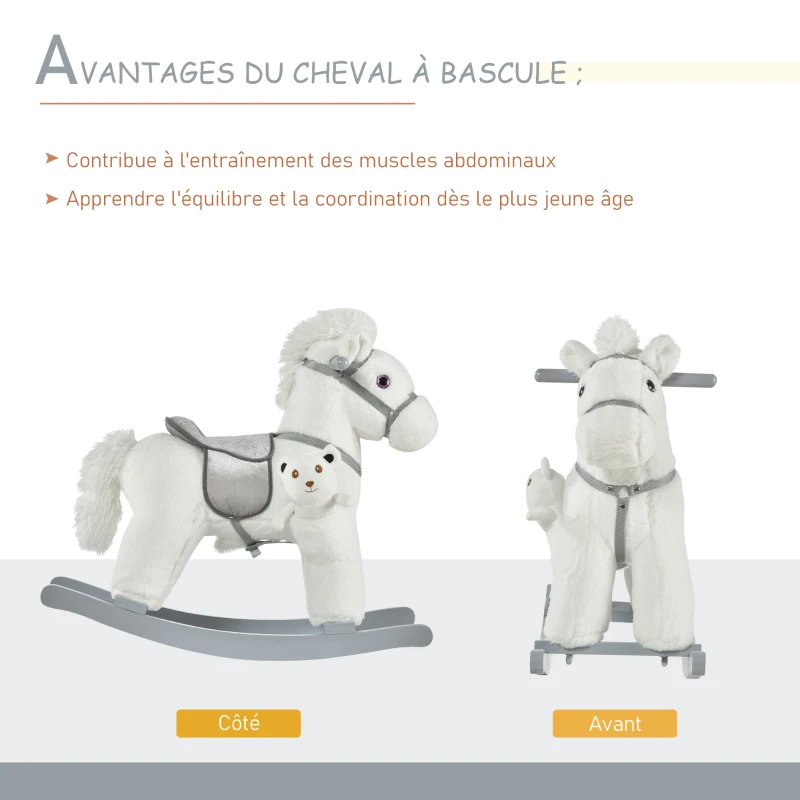 HOMCOM Cheval à bascule bébé de 18 à 36 mois en bois avec effet sonore ours en peluche gratuit 65 x 26 x 55 cm blanc
