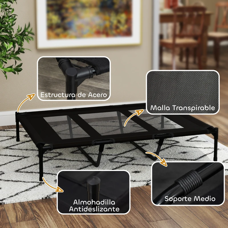 PawHut Cama Elevada para Perros Grandes Cama para Perros con Zona de Malla Transpirable y Bolsa 122x92x23 cm Negro