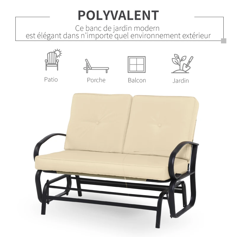 Outsunny Banc à Bascule de Jardin 2 Places Style Colonial Acier époxy Noir Coussins Beige