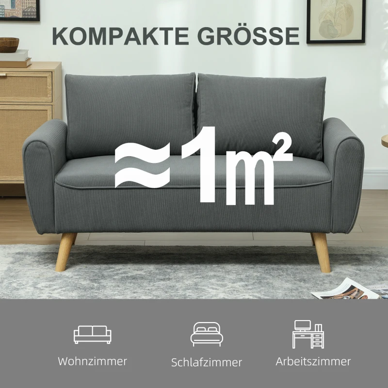 HOMCOM Zweisitzer-Sofa, Stoffcouch, 2 Rückenkissen, Cordbezug, 145 x 75 x 78 cm, Anthrazit(m-7)
