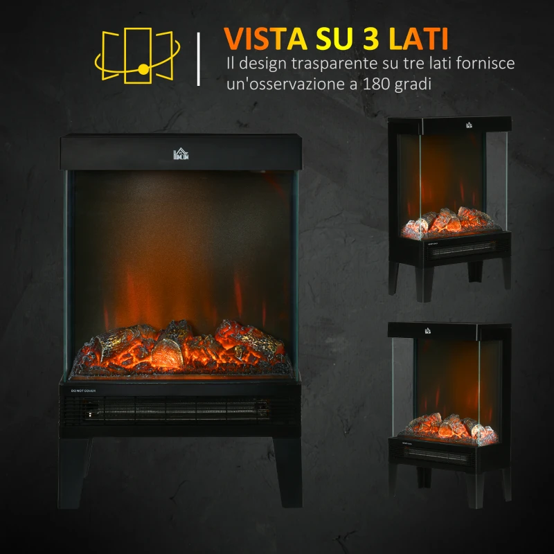 HOMCOM Camino Elettrico 1000W / 2000W con Fiamma LED Realistica e Controllo Temperatura, 40.5x20x62 cm, Nero