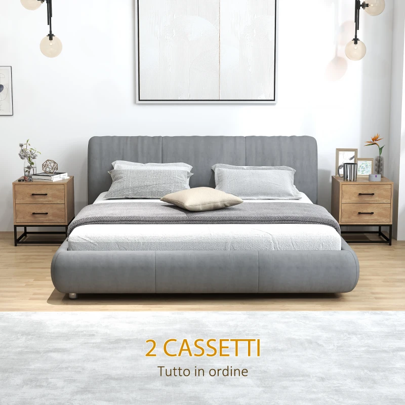 HOMCOM Set di 2 Comodini con 2 Cassetti Stile Industriale in Legno e Acciaio, Colore Legno