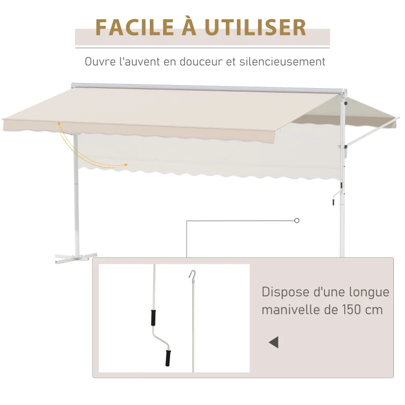 Outsunny Store Double Pente Manuel rétractable Inclinaison réglable Acier époxy Blanc Polyester imperméabilisé Anti-UV Beige dim. 4,50L x 3,40l x 2,55H m
