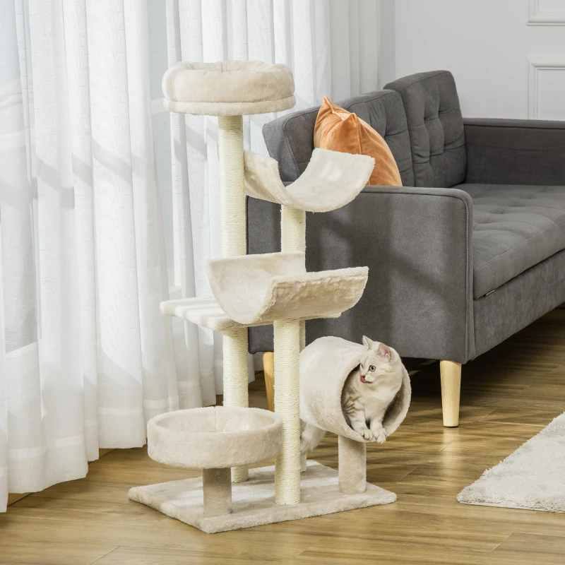 PawHut  Arbre à chats multi-équipements griffoirs grattoirs plates-formes + tunnel dim. 50L x 40l x 105H cm beige