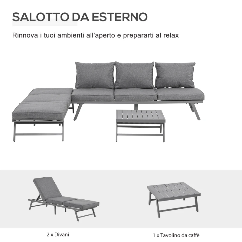 Outsunny Set con 2 Divani da Esterno con Schienale Reclinabile e 1 Tavolino da Giardino, Metallo e Poliestere, Grigio