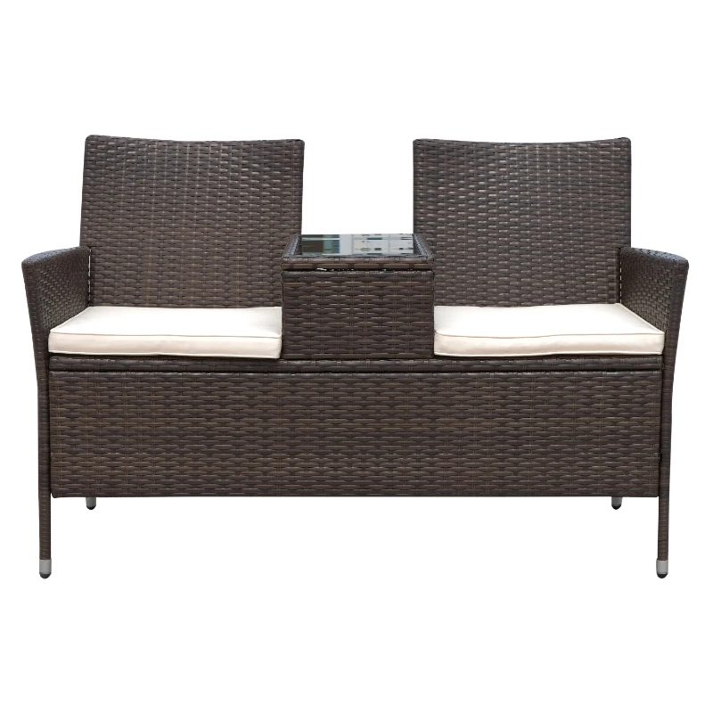 Outsunny Divano da Giardino a 2 Posti con Tavolino con Cuscini Poly Rattan 63 × 133 × 84cm Marrone