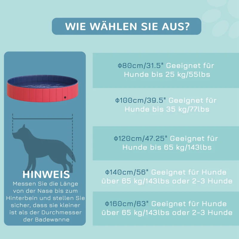 PawHut Hundebadewanne faltbar Badewanne Hundepool Plantschbecken Swimmingpool Wasserbecken für Hunde und Katzen Schwimmbecken Kunststoff+Holz Rot Ø160 x 30H cm