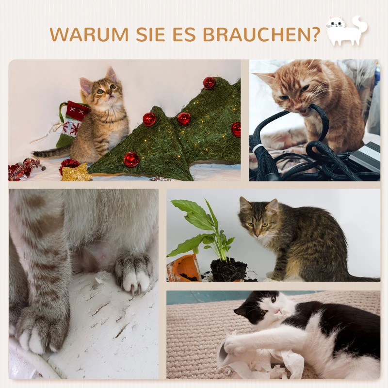 PawHut Kletterwand Katzen, Wandkratzbaum, Katzenliege mit Kratzbaum,53cm Katzenregal mit Ballspielzeug, Plüschauflage, Katzenkratzbaum, Katzensäule, Weiß