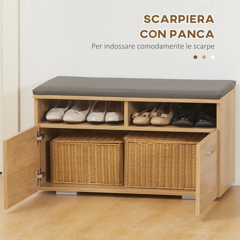 HOMCOM Set da Ingresso in Truciolato con Appendiabiti a 3 Ganci, Specchio da Ingresso e Panca Scarpiera per 8 Paia