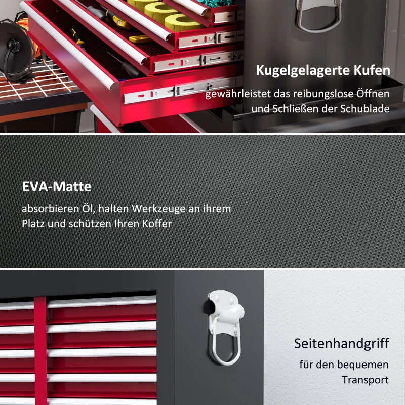 HOMCOM Werkzeugwagen, zweiteilig, abschließbar, 14 Schubladen, Lochwand, Stahl, Rot(m-7)