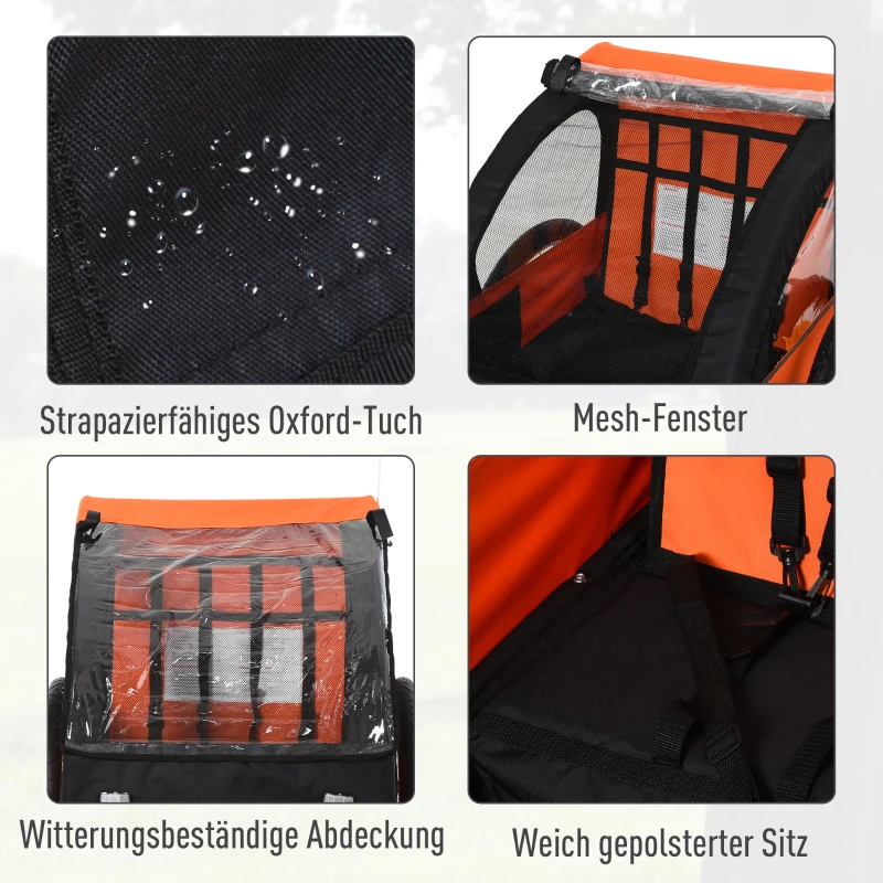 HOMCOM Kinderanhänger Kinderfahrrad geeignet für 2 Kinder, Stahlrahmen, Sitzträger mit Sicherheitsgurt, für Kinder ab 18 Monaten, Oxford-Gewebe, Stahl, 130x76x88 cm, Orange+Schwarz