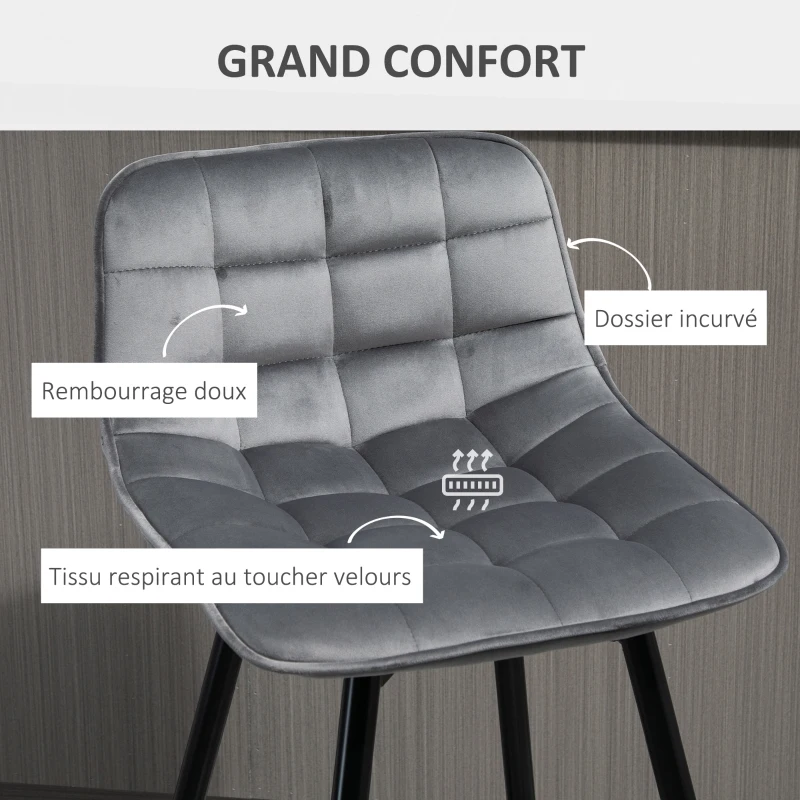 HOMCOM Lot de 2 tabourets chaises de bar design en velours capitonné et métal hauteur 64,5 cm - gris