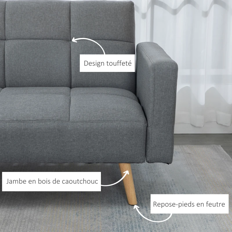 HOMCOM Canapé convertible 2 places design scandinave inclinaison dossier réglable 2 niveaux 205 x 88 x 80 cm gris