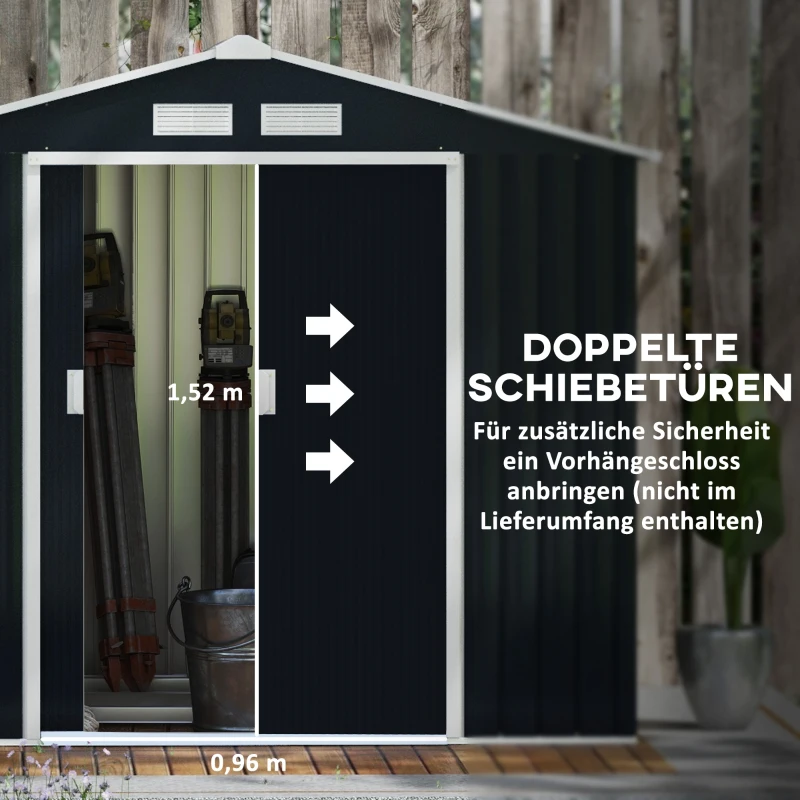 Outsunny Geräteschuppen mit Schiebetüren 2,13 x 1,30 x 1,85cm Metall Kohlegrau