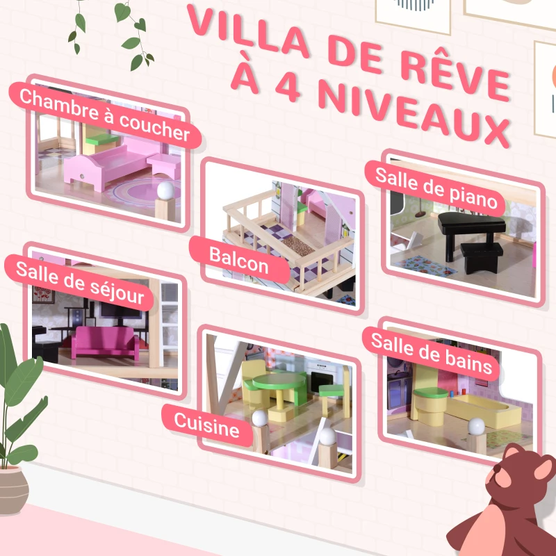HOMCOM Maison de poupée en Bois Jeu d'imitation 4 Étages pour 3+ ans avec 13 Accessoires Grand réalisme Multi-équipement 60L x 30l x 80H cm Blanc et Rose