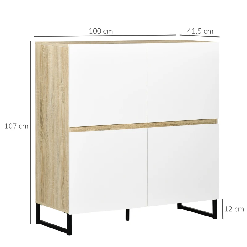 HOMCOM Sideboard, Schrank, 4 Fächer, versteckte Griffleisten, Kippschutz, Holz+Stahl, weiß+natur, 100 x 41,5 x 107cm