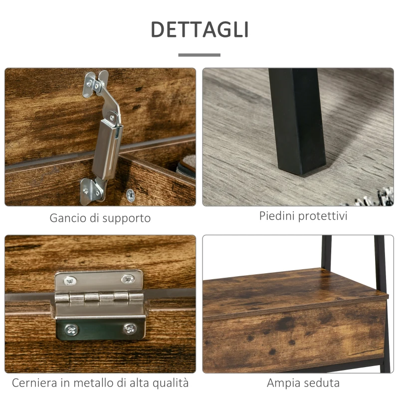 HOMCOM Mobile Scarpiera in Stile Industriale con Vano, Panca Scarpiera Vintage Salvaspazio in Legno e Metallo, Marrone Rustico, 90x37x60cm