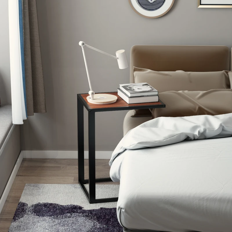 HOMCOM C-Shaped Side Table, Sofa End Table with Metal Frame, Accent Couch Table for Living room, Bedroom, Walnut and Black