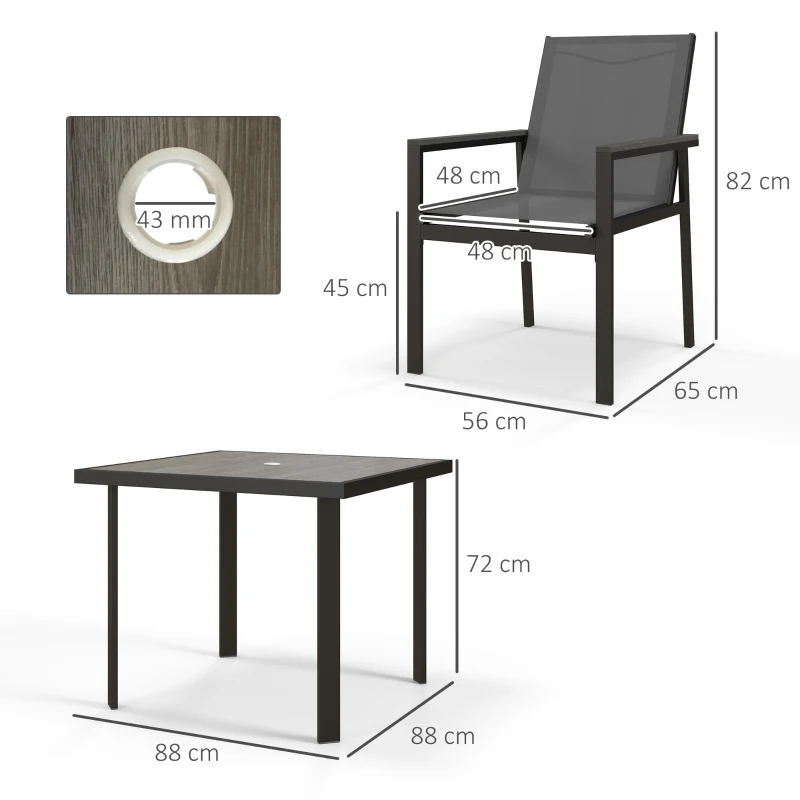 Outsunny Salon de jardin 5 pièces avec 1 table à manger et 4 chaises - plateau en verre trempé avec trou pour parasol gris