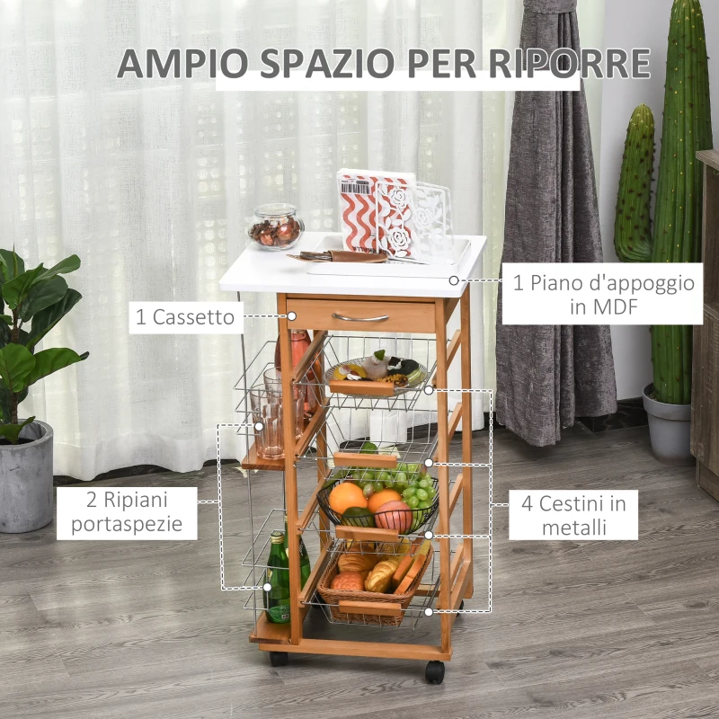 HOMCOM Carrello da Cucina con 1 Cassetto, 4 Cestelli Metallici e 2 Ripiani Portaspezie in Legno 47 x 37 x 83 cm Marrone
