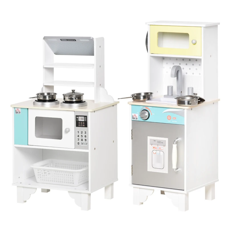 HOMCOM Two Kids Wooden Toy Kitchen Play Cooking Set Pretend Role Playset, with Sink Faucet, Cooking Bench, Telephone, Pots, for 3-6 Years