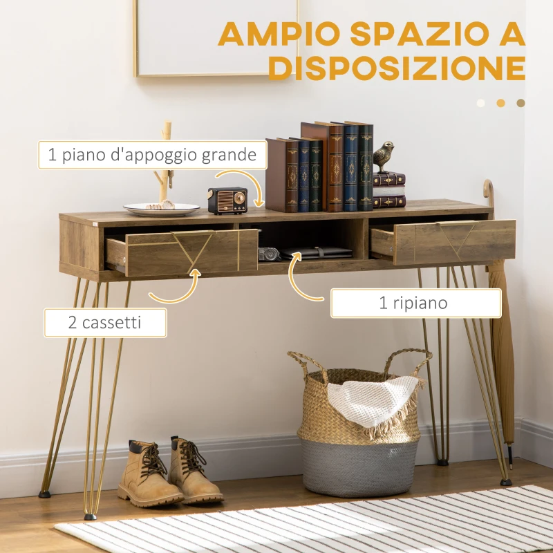 HOMCOM Tavolo Consolle in Truciolato e Acciaio per Ingresso e Soggiorno con Ripiano Aperto e 2 Cassetti, 120x29x79 cm