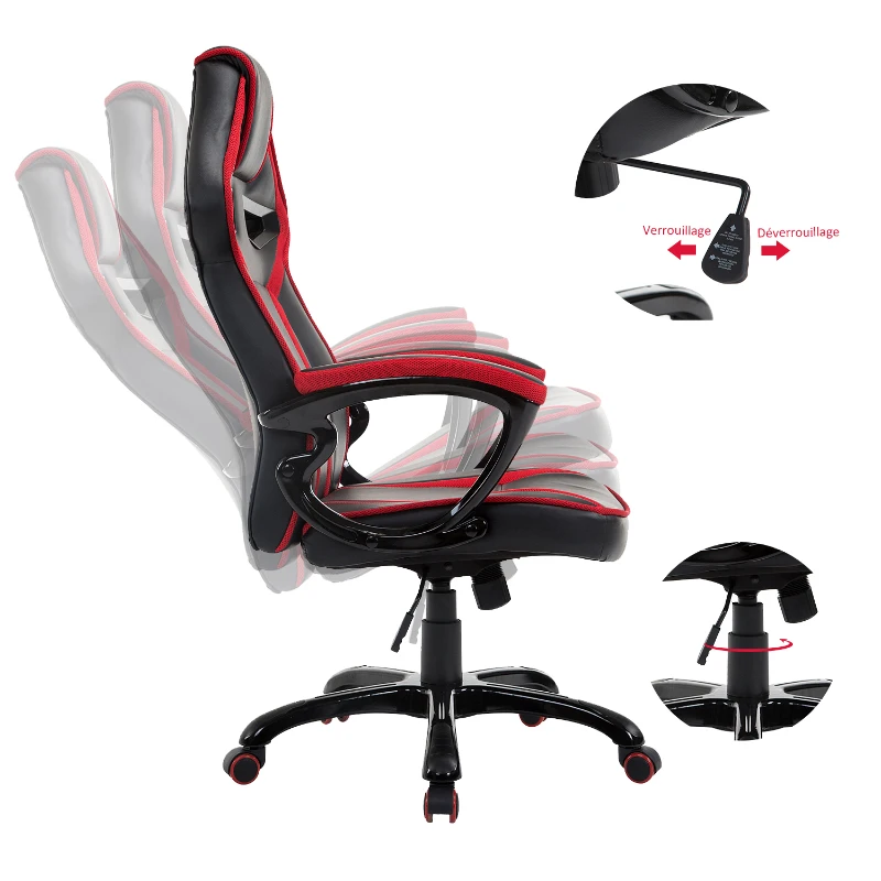 HOMCOM Chaise racing de bureau siège fauteuil sport gaming pivotant hauteur et dossier réglables accoudoirs rembourrés revêtement synthétique rouge et noir